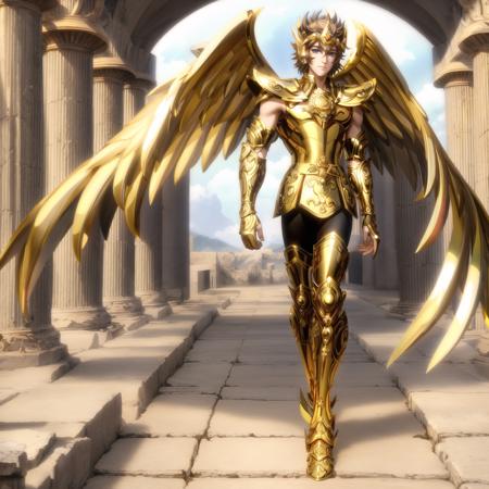 <lora:SagittariusArmor:0.7>, masterpiece, best quality, masterpiece, detailed face, detailed eyes, full body,  1boy, wearing golden armor, long metallic wings,  walking on the ancient greek fields