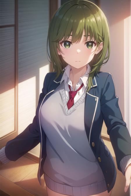 isanahigashira, <lora:isana higashira s1-lora-nochekaiser:1>,
isana higashira, short hair, bangs, (green eyes:1.3), green hair,
BREAK shirt, long sleeves, school uniform, jacket, white shirt, open clothes, necktie, sweater, open jacket, blazer, red necktie, grey sweater,
BREAK indoors, classroom,
BREAK looking at viewer, (cowboy shot:1.5),
BREAK <lyco:GoodHands-beta2:1>, (masterpiece:1.2), best quality, high resolution, unity 8k wallpaper, (illustration:0.8), (beautiful detailed eyes:1.6), extremely detailed face, perfect lighting, extremely detailed CG, (perfect hands, perfect anatomy),