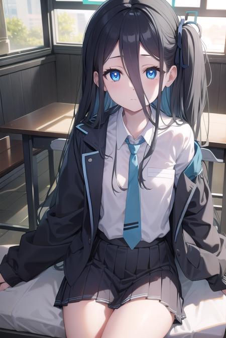 bluearchivearis, <lyco:bluearchivearis-lyco-nochekaiser:1>, 
aris, black hair, blue eyes, hair between eyes, halo, long hair, one side up, hair ribbon, (flat chest:1.2),
BREAK necktie, blue necktie, jacket, skirt, school uniform, white shirt, collared shirt, black skirt, white jacket, long sleeves,
BREAK looking at viewer, 
BREAK indoors, classroom,
BREAK <lyco:GoodHands-beta2:1>, (masterpiece:1.2), best quality, high resolution, unity 8k wallpaper, (illustration:0.8), (beautiful detailed eyes:1.6), extremely detailed face, perfect lighting, extremely detailed CG, (perfect hands, perfect anatomy),