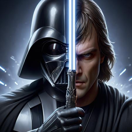 realistic image of a fantasy game Darth Vader holding sword infront of face, half of the face is Darth Vader, on other half is Luke SkyWalker, digital art, TwoFace Blade, HD, masterpiece, best quality, hyper detailed, ultra detailed,