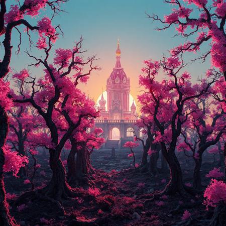 a pink crystal palace sitting in the middle of a twisted diseased forest, light emanates from the palace coloring the trees around it with a pink hue, the sun sets behind the palace