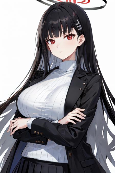 <lora:rio_blue_archive_v2:1>rio blue archive, black hair, 1girl, white sweater, long sleeves, solo, large breasts, turtleneck, red eyes, sweater, ribbed sweater, turtleneck sweater, black jacket, simple background, crossed arms, skirt, parted lips, hair ornament, blunt bangs, breasts, bangs, coat on shoulders, looking at viewer, white background, long hair, jacket, black skirt, halo, jacket on shoulders