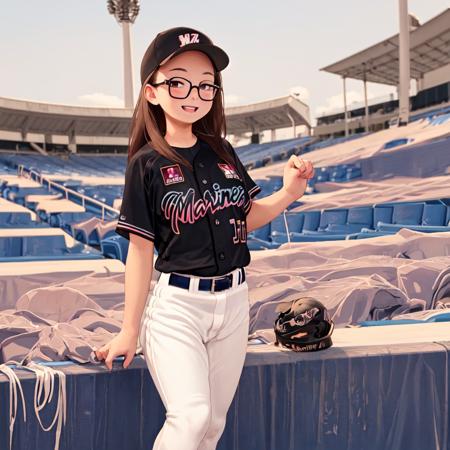 best quality, ultra-detailed, illustration,
1girl, solo, glasses, black hair, long hair, looking at viewer, happy, laughing, standing, 
BSW2023, baseball uniform, black shirt, baseball cap, white pants, belt, baseball stadium, 
 <lora:Chiba_Lotte_Marines_BSW2023_Uniform_SD15_V1:1>