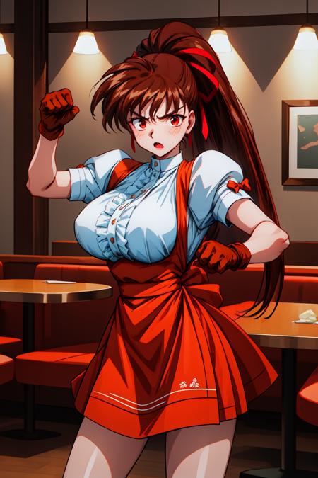 1girl, large breasts, standing, serious, open mouth, (restaurant:1.2), cowboy shot, fighting stance, looking at viewer, 
vg_yuuka, red eyes, brown hair, long hair, ponytail, hair ribbon, gloves, waitress, white shirt, puffy sleeves, short sleeves, skirt, <lora:VG_Yuuka_lora_ver3:0.7>, best quality, masterpiece, highres, <lora:GoodHands-vanilla:1>