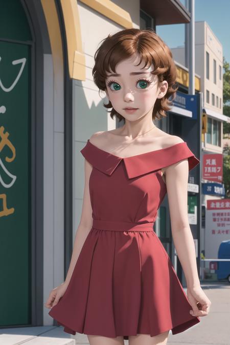 1girl, sndsuzuka, short hair, brown hair, green eyes, collarbone, red dress, embarrassed, blush, looking at viewer, standing, city  <lora:sounanda-suzuka-000004:0.9>