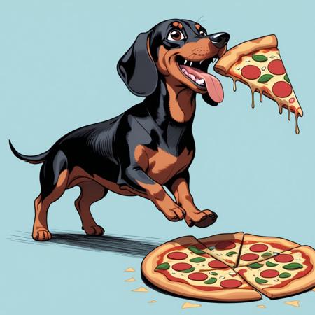 illustration in DD4Ced-STV1.0 artstyle that features a dachshund running away with a big slice of pizza in his mouth