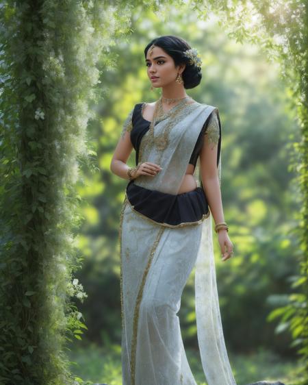 fashion photography portrait of indian girl with black hair, in lush jungle with flowers, 3d render, cgi, symetrical, octane render, 35mm, bokeh, 9:16, (intricate details:1.12), hdr, (intricate details, hyperdetailed:1.15), (natural skin texture, hyperrealism, soft light, sharp:1.2), detailed, sunlight passing through foliage, <lora:KandyanDress_V1:0.8>, blue saree, 8k details, masterpiece, best quality, award winning photo, photorealistic, highly detailed, raw photo, realistic natural skin textures, rim light, hyperrealistic, low contrast, sharp focus, soothing tones, intricate, low key, masterpiece, best quality, award winning photo, photorealistic, highly detailed, raw photo, realistic natural skin textures, rim light, hyperrealistic, low contrast, sharp focus, soothing tones, 8k details, intricate, low key