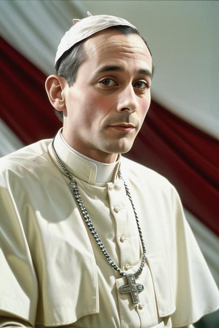 PeeWeeHerman, 1man, (pope:1.4), Roman Catholic, Vatican City, papal uniform, Popemobile, (masterpiece, best quality, extremely detailed, photorealistic), narrow body, skinny, wild colors, (closeup on upper body:1.3)
