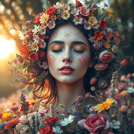 A surreal and ethereal portrait of a beautiful woman with her face seamlessly blended into a vibrant field of colorful flowers. Her skin is soft and glowing, with delicate floral patterns blooming from her cheeks and forehead. Her eyes are closed peacefully, symbolizing harmony with nature. Surrounding her are vivid blossoms in a wide spectrum of colors—roses, tulips, wildflowers—intertwined with flowing hair made of petals and leaves. The background is dreamy and slightly blurred, with golden sunlight filtering through trees. Artistic, fantasy, hyper-detailed, soft lighting, high-resolution.