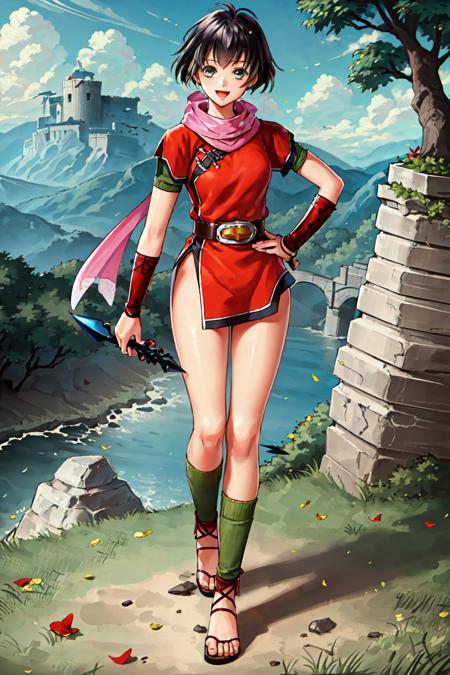 <lora:kasumis_suikoden:0.88>, kasumi suikoden, 1girl, solo, short hair, brown hair, ((masterpiece)), (best quality), 1girl, alone, bridge, grass, focused, close angle, grabbing, smile, detailed, anime, brown eyes, hand on hip, open mouth, shoes, short,short sleeve, black hair, flats, holding, :d, ribbon, green socks, chinese clothes, bangs, footwear,  from behind, full body, cliff, mountain, ocean,  looking at behind, standing,  stone castle middle ocean, red clothes, green, long pink scarf, leather belt, platinum belt head, sandal, kunai, cowboy shot,  charturnerv2, turn around