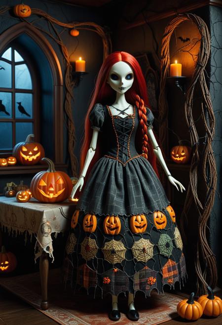 In a dimly lit, eerie room filled with carved pumpkins and twisted vines, a meticulously sculpted female figure stands with a haunting yet whimsical presence. Her patchwork dress, pale stitched skin, and long red hair evoke a stitched-together doll brought to life in a dark fantasy world. Behind her, a skeletal figure is bound with barbed vines to the wall, while another lies motionless on a tattered tablecloth, surrounded by Halloween trinkets and jack-o'-lanterns. The scene is rendered in 3D sculptural art with incredible detail—from the textured cloth and realistic shadows to the expressive, stylized features of each character. A glowing jack-o'-lantern provides a warm contrast against the cool-toned, atmospheric lighting that fills the room with an otherworldly mood. The composition blends macabre elements with a storybook charm, crafting a tale of stitched souls and haunted companionship.