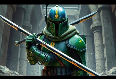 Star Wars inspired Sacred Knight of Custennin, green armor, blue helmet w/ yellow visor & white stripe, green backpack, sword. Imperial Tomb backdrop. Dynamic pose, splash ink illustration, octane render, Unreal Engine , Raphael style, Houdini style, trending on Artstation HD, 8k, detailed, atmospheric, immaculate, CGsociety.