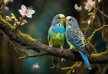 In a mystical forest, 
a budgie adorned with delicate blooms perches on a gnarled branch. Goblins flit about, 
their mischievous eyes reflecting an otherworldly glow. The dramatic lighting captures this magical tableau, 
where nature and magic intertwine