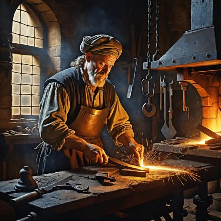 mysterious blacksmith in a baroque painting style, inspired by Jan Vermeer and Rembrandt van Rijn, historical art, oil painting, cinematic volumetric lighting, amazing details <lora:add-detail-xl:1>