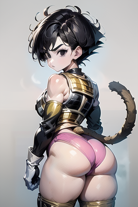 masterpiece, perfectly detailed, detailed face, detailed eyes, beautiful eyes, looking at viewer, Fasha, short hair, black hair, (black eyes:1.4), saiyan armor, pink leotard, inferior body focuss, ass focuss, from behind, monkey tail,Fasha, 1girl, short hair, black hair, gold earrings, (black eyes:1.4), saiyan armor, pink leotard, white gloves, 1tail, black knee pads with pink straps, yellow knee high socks of different sizes, white boots, monkey tail