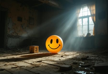 Extreme low-angle, worm's-eye view: a luminous ping-pong sphere, crudely drawn smiley face, hovers, slowly rotating. Monumental against a dust-choked, cobweb-strewn abandoned playroom, subtly blurred background. Cinematic lighting by Darius Khondji, Magritte-esque surrealism; dramatic chiaroscuro, shallow depth of field. Muted desaturated umbers and greys, pierced by the sphere's vibrant orange glow. Single overhead spotlight casting long, eerie shadows. Smooth scuffed plastic, brittle wood, silken cobwebs. Unsettling nostalgia, playful menace. Motes of dust dance in the light beam; a forgotten toy block in deep shadow.