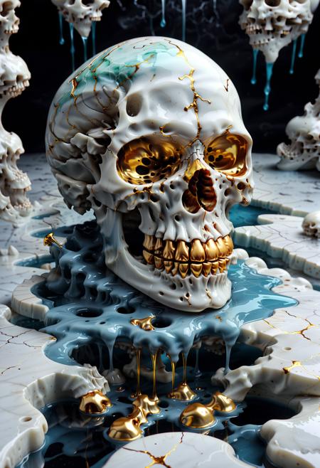 Liquid Marble floor, detailed, ultrarealistic, Liquid Marble a very disfigured skull, dripping gold linings, 

