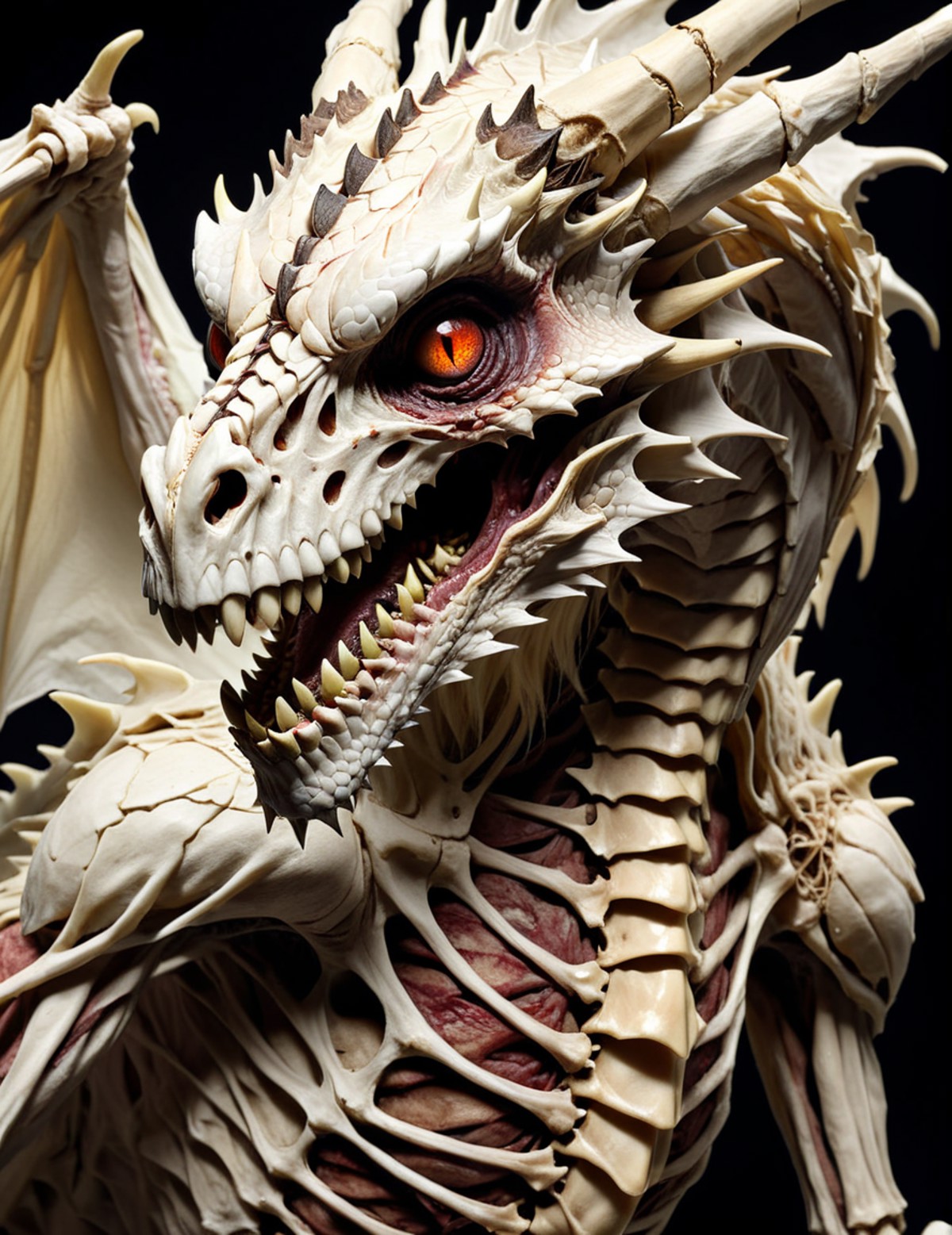 photo of an undead dragon combined with a sinew tissue and bones, close up, extremely detailed