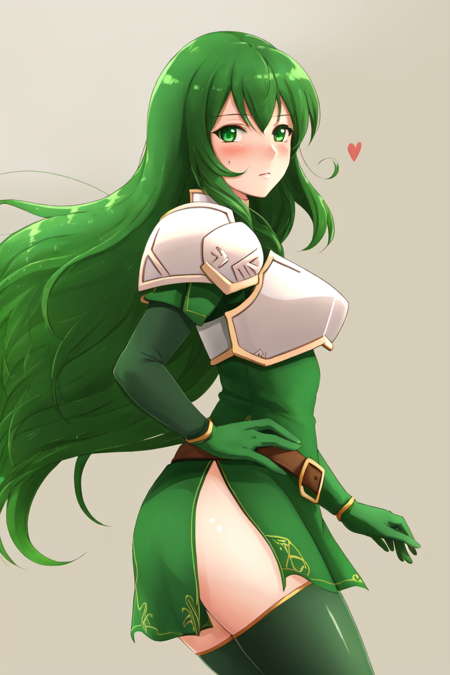 <lora:Erinys_FE-08:0.9>  Erinys fe, 1girl, solo, looking at viewer, blush, thighhighs, gloves, dress, elbow gloves, looking back, armor, short dress, shoulder armor, side slit, green dress, breastplate, green gloves, green thighhighs, pegasus knight uniform (fire emblem)