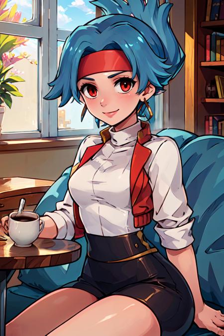 zzSolana, red eyes, blue hair, headband, zzSolana, red eyes, blue hair, headband, red jacket, open jacket, white shirt, bike shorts, black thighhighs,