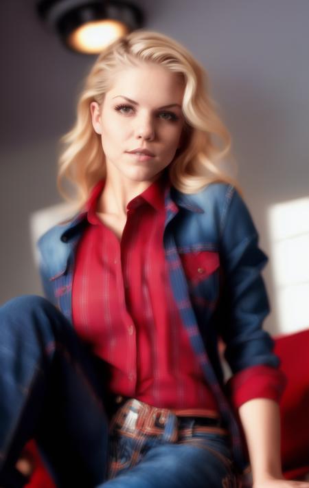 ivetab (Masterpiece Photo:) of (Happy) woman  wearing checkered red and black shirt and blue jeans staring at the viewer, (checkered red and black shirt), (blue jeans),Highly Detailed,(close portrait:1.3),(Feminine:1.4),(beautiful:1.4),(attractive:1.3),calendar pose,perfectly detailed eyes,studio lighting,thematic background