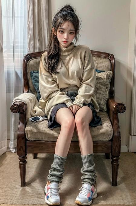 (best quality, masterpiece), shiny body,  shiny skin,
an image of a girl wearing sweater sitting on a chair,  (wearing loose socks, dark green, gray, camel), skirt, 1girl, lower body, sneakers, solo, sitting, skirt,  carpet,loose socks, heaps socks,
<lora:flat2:-1> <lora:heaps_socks_16:0.8>