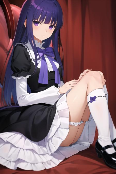frederica bernkastel, purple eyes, purple hair, long hair purple bow, dress, frills, white kneehighs,  kneehighs bow, mary janes,  cat tail tail ornament empty eyes. expressionless