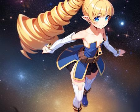 Archer, blond hair,drill hair,flat chest,pointy ears,blue eyes , standing,  smiling  close up, full body,
ArcDres,detached sleeves,bare shoulders, strapless dress,zipper,boots,belt ,white thighhighs,
brick road, outer space,  stars, 
(insanely detailed, beautiful detailed face, masterpiece, best quality)  <lora:Archer:0.8>