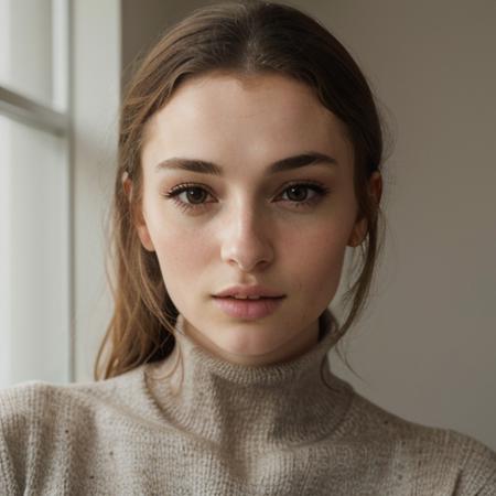 <lora:itskaylaerin_sd15_512_128_64_v1:1> 1girl solo looking at viewer  wearing a turtleneck sweater  epiCRealism