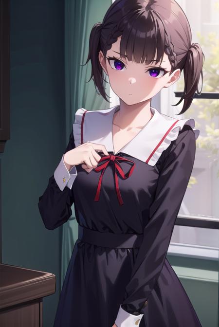 makishijou, <lora:makishijou-lora-nochekaiser:1>,
maki shijou, bangs, blunt bangs, (purple eyes:1.1), twintails, two side up, braid, short twintails,
BREAK long sleeves, dress, ribbon, school uniform, black dress, red ribbon, neck ribbon, collared dress, shuuchiin academy school uniform,
BREAK outdoors,
BREAK looking at viewer, (cowboy shot:1.5),
BREAK <lyco:GoodHands-beta2:1>, (masterpiece:1.2), best quality, high resolution, unity 8k wallpaper, (illustration:0.8), (beautiful detailed eyes:1.6), extremely detailed face, perfect lighting, extremely detailed CG, (perfect hands, perfect anatomy),