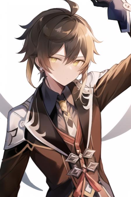 1boy, bangs, black_gloves, black_hair, brown_hair, closed_mouth, collared_shirt, earrings, formal, gloves, hair_between_eyes, jacket, jewelry, long_hair, long_sleeves, looking_at_viewer, male_focus, multicolored_hair, necktie, ponytail, simple_background, single_earring, solo, spear, suit, tassel, tassel_earrings, white_background, yellow_eyes, zhongli_\(genshin_impact\) <lora:Lpip-style-000021:1>