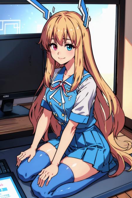 masterpiece, best quality, mwchan, heterochromia, headgear, blue shirt, blue skirt, blue thighhighs, computer lab, seiza, looking at viewer, smile, furrowed brow <lora:morriswormchan-nvwls-v1-000010:0.9>