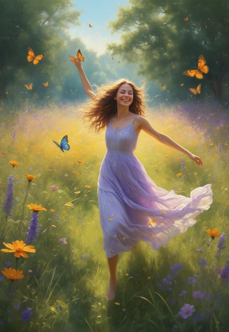 A whimsical and enchanting digital painting of a beautiful young woman chasing a vibrant butterfly through a sunlit meadow. The woman is mid-motion, her figure graceful and dynamic as she reaches forward  her face glowing with joy and playful determination. She wears a flowing, light summer dress in soft pastel tones—perhaps lavender or pale yellow—that flutters around her as she moves, catching the gentle breeze. Her long hair streams behind her, glistening in the warm sunlight, with loose strands framing her smiling face.

The butterfly she chases is vivid and eye-catching, its wings painted in intricate patterns of blue, orange, and gold, glowing as it flits just out of reach. The meadow around her is alive with color: a sea of wildflowers in purples, pinks, and yellows, swaying gently among lush green grass. Dappled sunlight filters through the canopy of distant trees, creating warm highlights and soft shadows that give depth and richness to the scene.



The color palette is a harmonious blend of warm golden tones, soft greens, and vibrant floral hues, balanced by the delicate blues and oranges of the butterfly. This painting captures the fleeting beauty of nature and the playful spirit of youth in a single, magical moment.