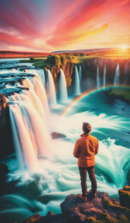 Majestic landscape of Godafoss waterfall flowing with colorful sunset sky and male tourist standing at the cliff. Dramatic unusual scene. Beauty world. Retro filter and vintage style. Instagram toning effect, breathtaking photograph.