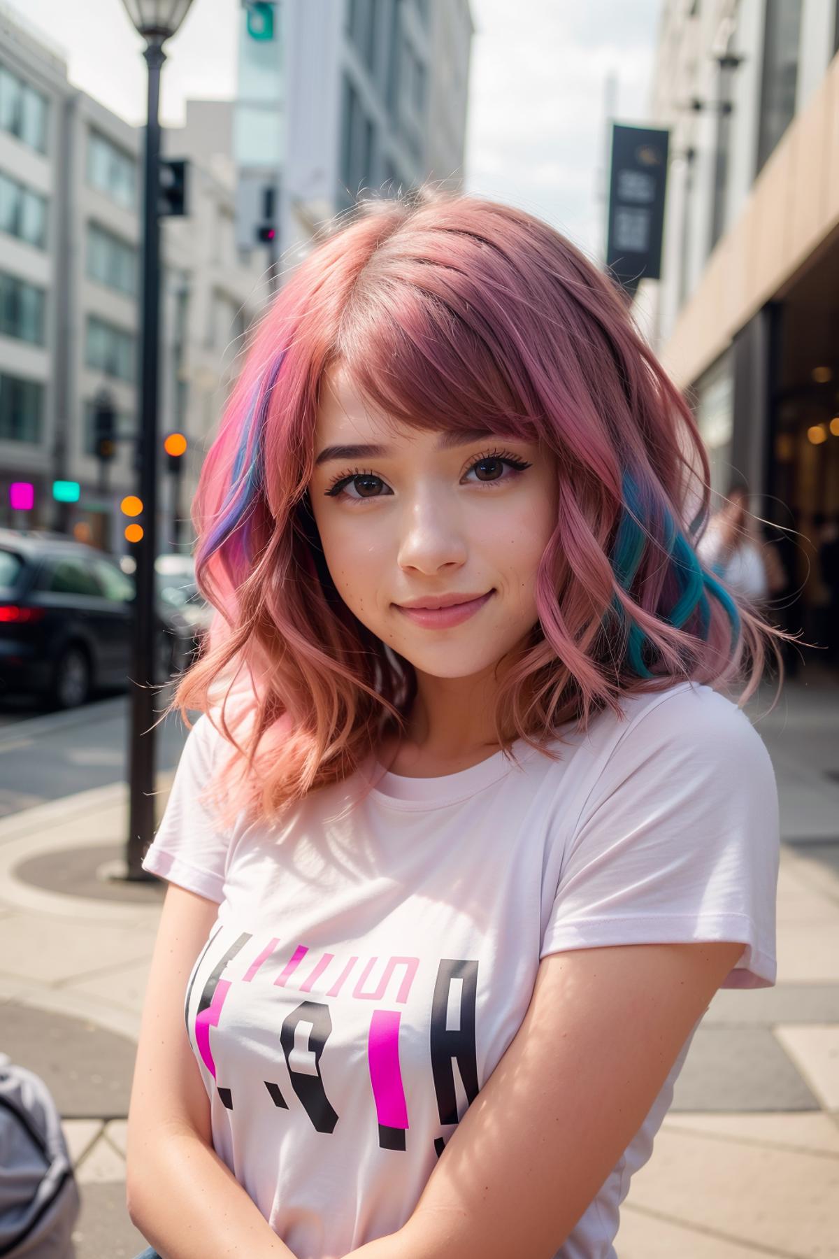 A young woman with a pink shirt and pink hair smiling.