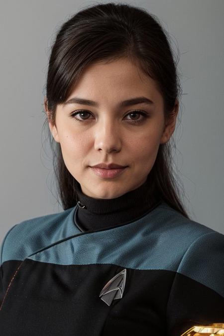 1girl, caucasian, pretty, 25yo, dark hair, (close up:1.4), blue pcdst uniform, long sleeves, blurry background<lora:STPicardUniforms:0.8>
