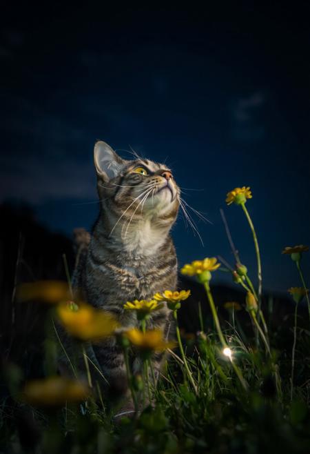 a cat looking at sky in night, wild flowers are lighted and blooming on ground