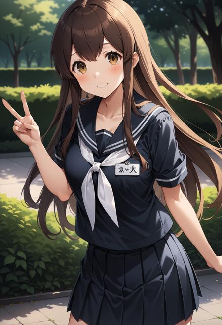 aaakagi, long hair, brown hair, brown eyes, japanese clothes, muneate, tasuki, hakama skirt, red hakama, white thighhighs aaakagi, long hair, brown hair, brown eyes, black serafuku, black sailor collar, white neckerchief, black shirt, name tag, short sleeves, pleated skirt, black skirt