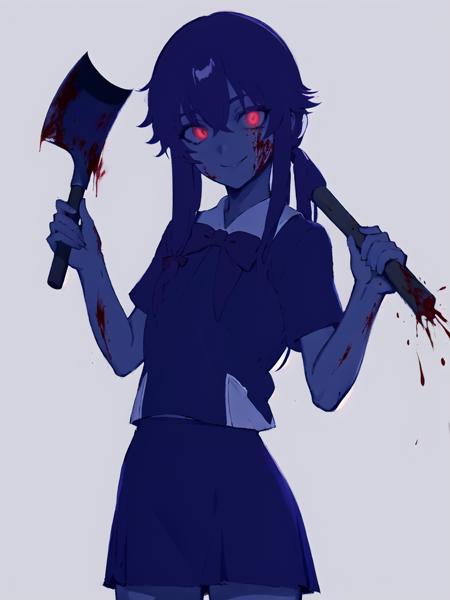 absurdres, highres, ultra detailed, megami magazine,cowboy shot, 
<lora:GasaiYunoV2_2-000009:1>  gasai yuno, school uniform, short sleeves, blue shirt, red bowtie, blue skirt, holding axe, looking at viewer, smile, glowing eyes, blood on face, blood on clothes, looking at viewer,  perfect hands, silhouette, flat color,  monochrome,  simple background, 
<lora:silhouette_v10:1><lora:blue_theme_v10:1><lora:flat2:1> <lyco:envybetterhandsLocon_beta2:1.0> <lora:fineline-v2:1>