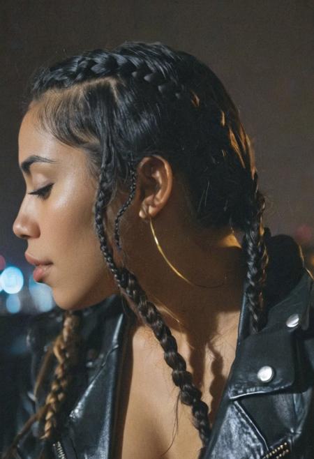 cinematic still, emotional, harmonious, vignette, 4k epic detailed, shot on kodak, 35mm photo, sharp focus, high budget, cinemascope, moody, epic, gorgeous, film grain, grainy, night, soft lighting, volumetric lighting, high detail, sexy 25 year old latin girl with braids and a leather jacket,It's night and there are heavy shadows,