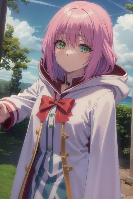 nornclatalissajioral, <lora:norn clatalissa jioral s1-lora-nochekaiser:1>,
norn clatalissa jioral, long hair, hair between eyes, (green eyes:1.5), pink hair, smile,
BREAK long sleeves, dress, bow, red bow, hood, robe, white robe,
BREAK outdoors, forest, nature, grass, trees, sun, sky, clouds,
BREAK looking at viewer, (cowboy shot:1.5),
BREAK <lyco:GoodHands-beta2:1>, (masterpiece:1.2), best quality, high resolution, unity 8k wallpaper, (illustration:0.8), (beautiful detailed eyes:1.6), extremely detailed face, perfect lighting, extremely detailed CG, (perfect hands, perfect anatomy),