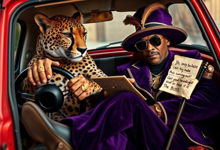 A powerful, anthropomorphic cheetah with sleek, spotted fur and intense, focused eyes dominates the driver’s seat of a quirky, vintage Fiat 500. The cheetah’s muscular form and agile limbs are clearly visible as it grips the steering wheel with a commanding presence. Next to it, Snoop Dogg, in full pimp regalia, lounges with effortless swagger in the cramped passenger seat. He’s dressed in a rich purple velvet suit with gold trim, a wide-brimmed hat adorned with a feather, and dripping with gold chains and rings, his cane propped casually against the dashboard. Snoop holds a crumpled, slightly torn letter, its edges singed and stained. The letter reads in bold, messy handwriting:
"YO, ONLY BUZZ CAN MAKE THIS TINY RIDE FLY.  
TIME’S RUNNING OUT—GET YOUR HEAD STRAIGHT OR LOSE IT.  
-THE BOSS."
Inside the Fiat, the interior is worn but charming, with cracked leather seats and retro details. Outside, a neon-lit Miami backdrop with swaying palm trees and shadowy streets contrasts sharply with the quirky charm of the little car, adding to the scene’s gritty, eccentric vibe. The entire composition is hyperrealistic, blending the cheetah’s sleek, agile presence with Snoop’s larger-than-life style and the Fiat’s charming quirks, creating a visually striking, highly detailed tableau full of rebellious energy and surreal flair.