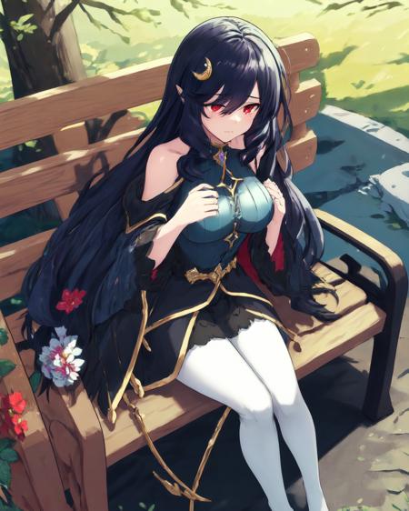 <lora:e7 Eda3:0.7> e7 Eda, dark blue hair, red eyes, medium breasts, wearing a halfmoon hair ornament, sitting on a bench in the park surrounded with flowers on a sunny day,
(masterpiece),  best quality, highres, 4k, 8k, Detailed Illustration, intricate detail, cinematic lighting, amazing quality, 1girl, fit female, amazing shading, soft lighting, facing camera, perfect eyes