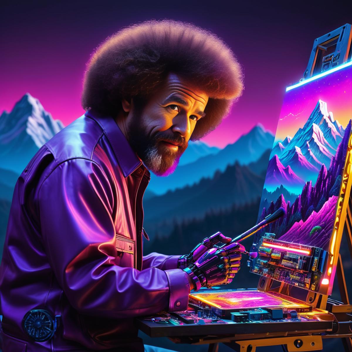 Artist in Purple Shirt Painting Mountains at Night