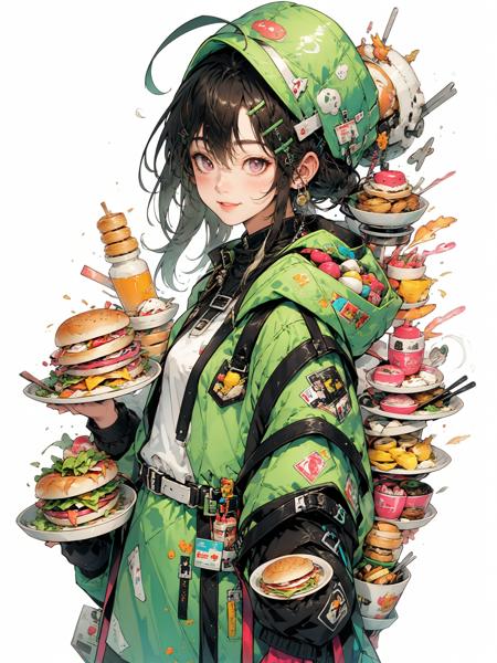 HEZI, 1girl, solo, food, looking at viewer, hair ornament, jacket, cup, tray, hat, long hair, white background, burger, bag, smile, green headwear, green jacket, grey hair, backpack, jewelry, holding, hood, egg \(food\), ahoge, braid, closed mouth, hairclip, upper body, plate, hood down, simple background, watch, earrings, wristwatch, blush, hooded jacket, bird, sandwich, long sleeves, bangs, french fries, baseball cap, shrimp, egg, pink eyes, grey eyes, gloves, belt, spoon, holding tray, white jacket, sidelocks, zipper, hair between eyes, brown eyes, ketchup, fried egg, small breasts, teacup, bread, floating hair, headwear removed, zipper pull tab<lora:åè´§å¥³å­©-000015:0.65>