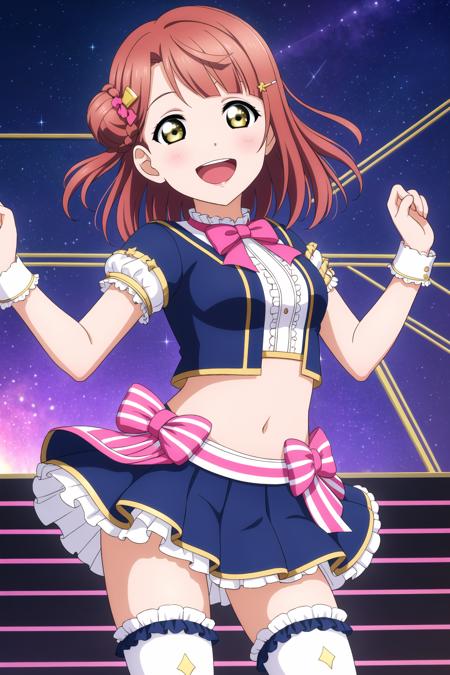 ayumu uehara pink hair, hair ornament, yellow eyes, single side bun