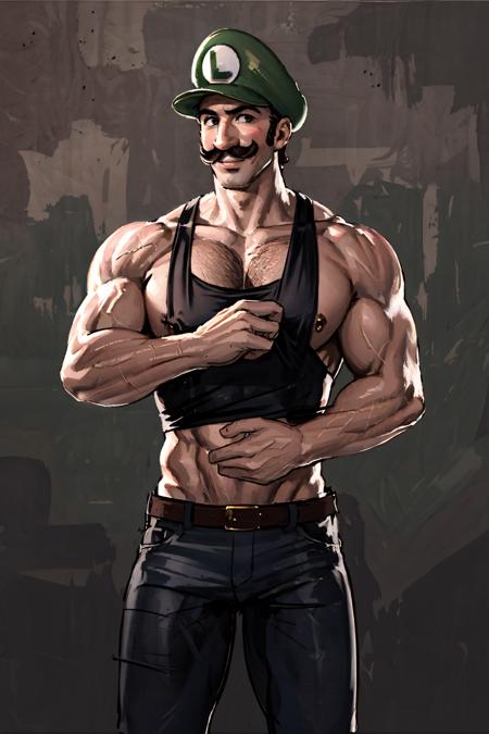 Highly detailed, High Quality, Masterpiece, beautiful, Luigi, <lora:Luigi:0.8>, 1boy, solo, smile, cowboy shot, mustache, muscular,  gigachad, <lora:Char_Sigmas_GigaChad:0.5>