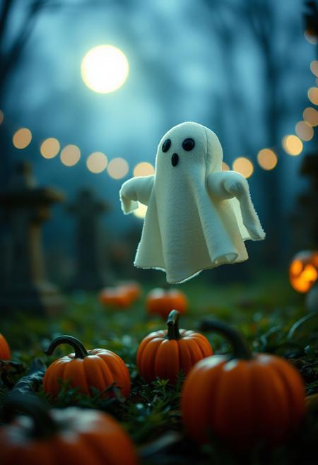 35mm photograph, film, bokeh, professional, in the graveyard sits one adorable cute plushie ghost, floating above ground, in moonlight, pumpkins, hyperrealistic, super realistic, sharp focus, 32k, (((masterpiece))) (((ultimate quality))), exquisite beauty, highiest texture resolution, photorealistic, fantasy setting, epic composition, ral-smlvltnpls, close to viewer,