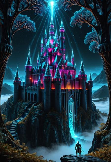 Fractangles, made out of fractangles, surreal castle, old castle, crazyily big castle, massive fortress, surreal castle, massive walls, medieval castle, knight, knight in front of view, knight on cliff looking over castle, transformed by glowing fractal roots, geometric vines wrapping around its structure, futuristic crystal patterns integrated into the metal, bioluminescent details, mystical atmosphere, cinematic lighting, foggy cityscape in the background, ultra-detailed architecture, dreamlike sci-fi fantasy fusion, sharp focus, 8k, fractal-inspired redesign, concept art style, high quality,