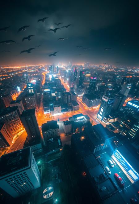 Gravity has disappeared in the night city and everything starts to rise into the air, a bird's-eye view,